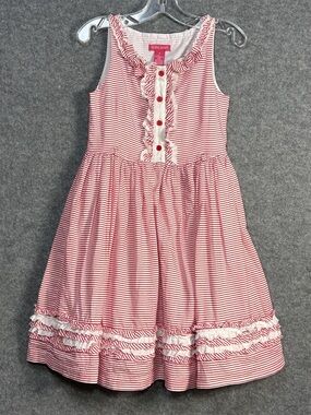 Lydia Jane Girls' 8 Red White Striped Sleeveless Ruffle Dress Flared Lined Skirt